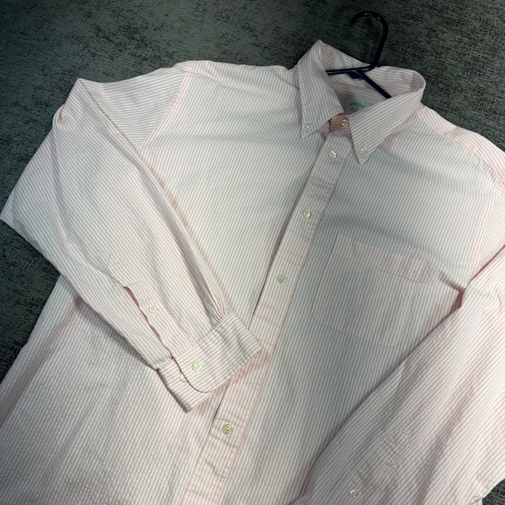 Brooks Brothers Milano Shirt Mens XL Pink White Striped Seersucker Cotton LS